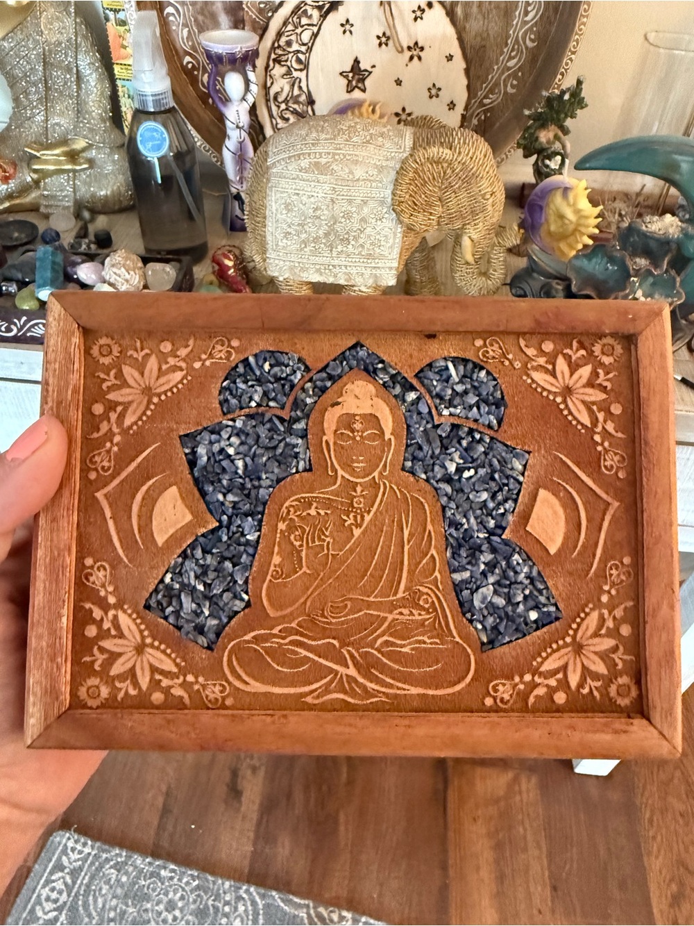 Handcrafted Buddha wooden box with sodalite